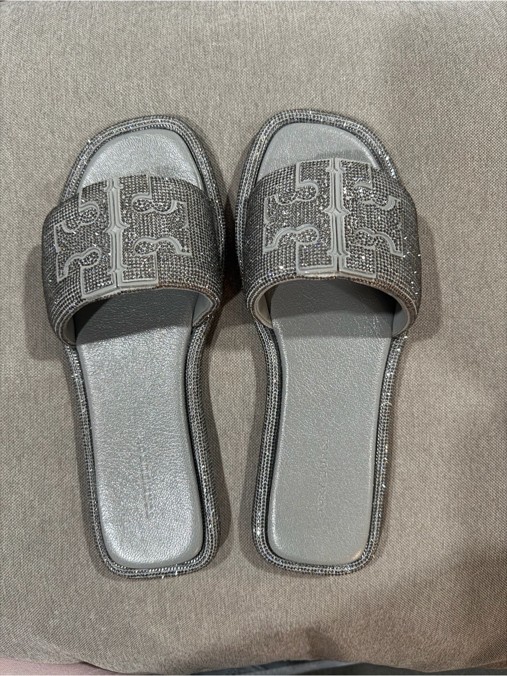 Tory Burch Metallic Silver Logo Slide Sandals